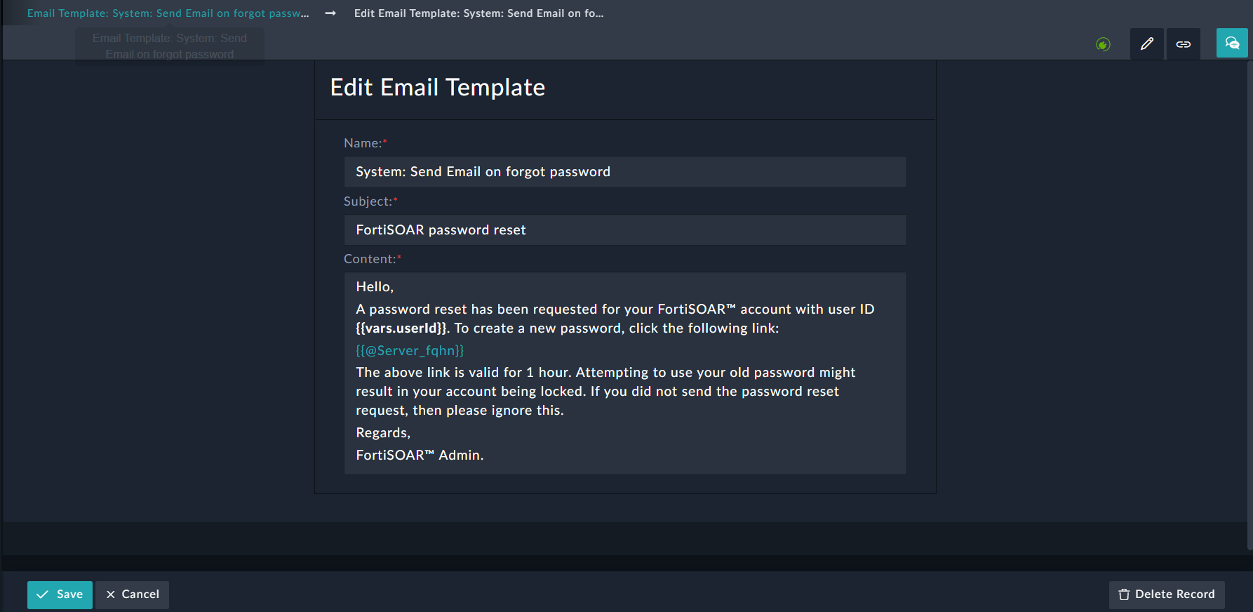 Editing the Email Template in the Form Format