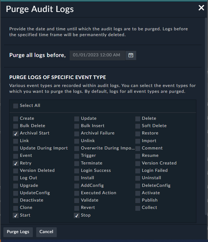 Purge Logs Dialog - Choosing Events to Purge