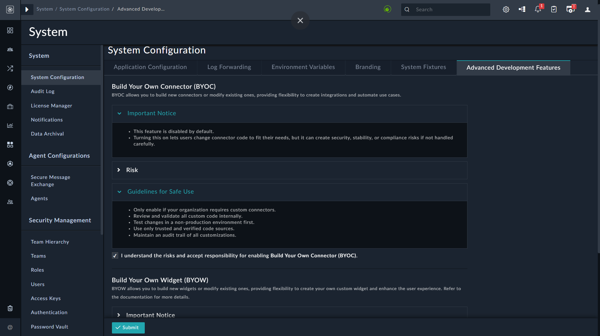 Advanced Development Featueres tab