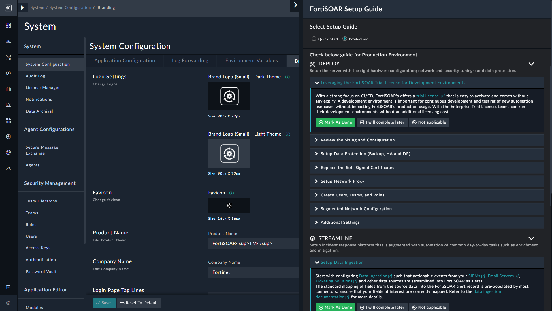 Setup Guide - Production tasks and details for the Deploy task