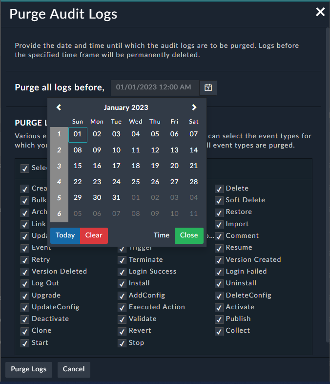 Purge Logs Dialog - Date and Time Selection