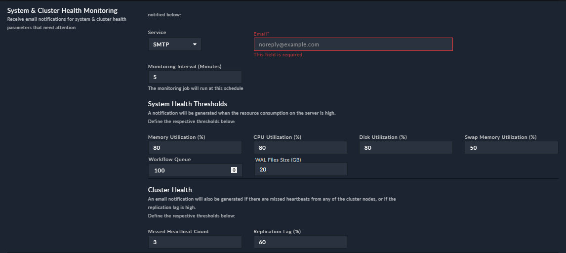 Application Configuration Page - System & Cluster Health Monitoring section for an HA cluster