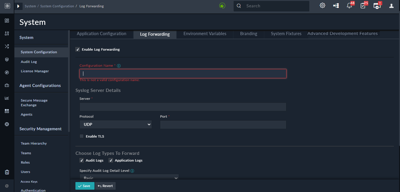 System Configuration Menu - Log Forwarding page