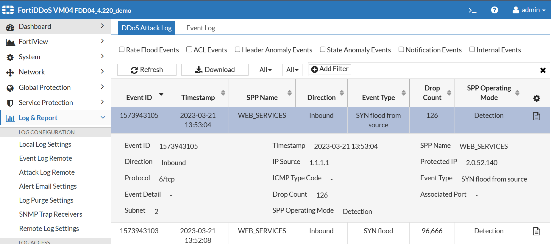 Working with the FortiDDoS attack log | FortiDDoS-F 6.6.1 | Fortinet ...