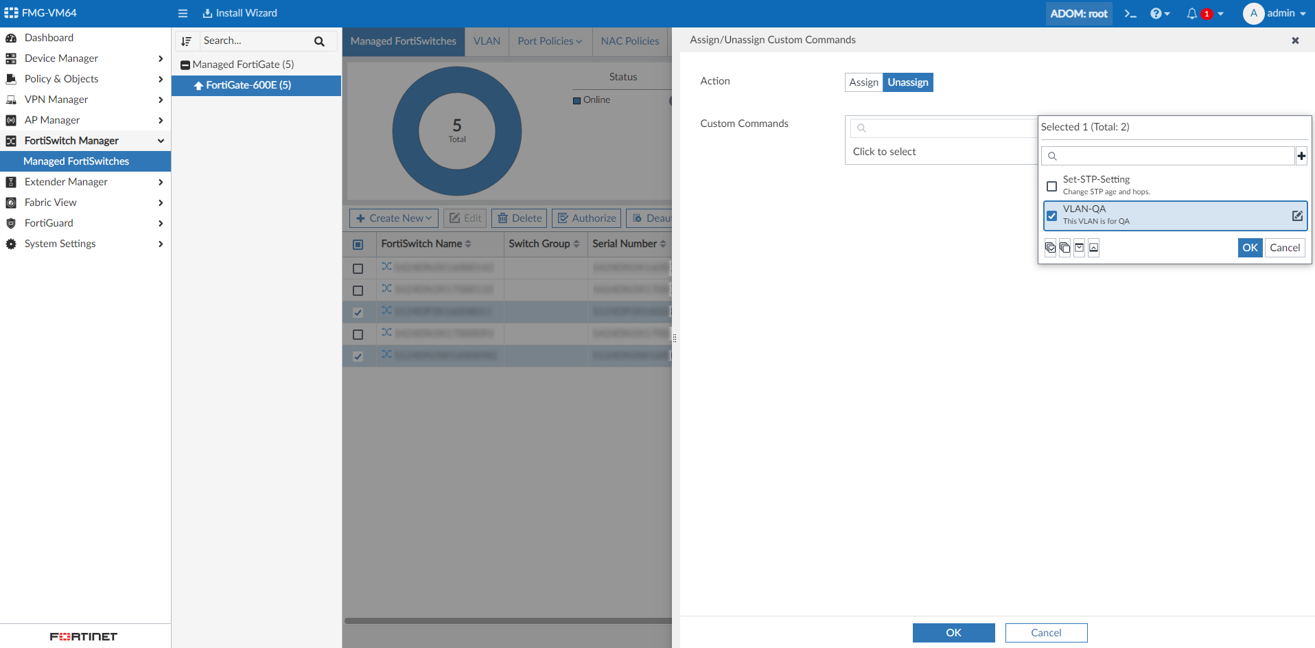 Unassigning custom commands to multiple devices in the GUI