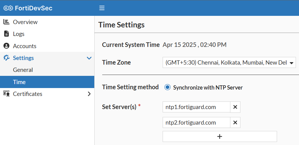 Time Settings | FortiDevSec VM 3.0.1 | Fortinet Document Library