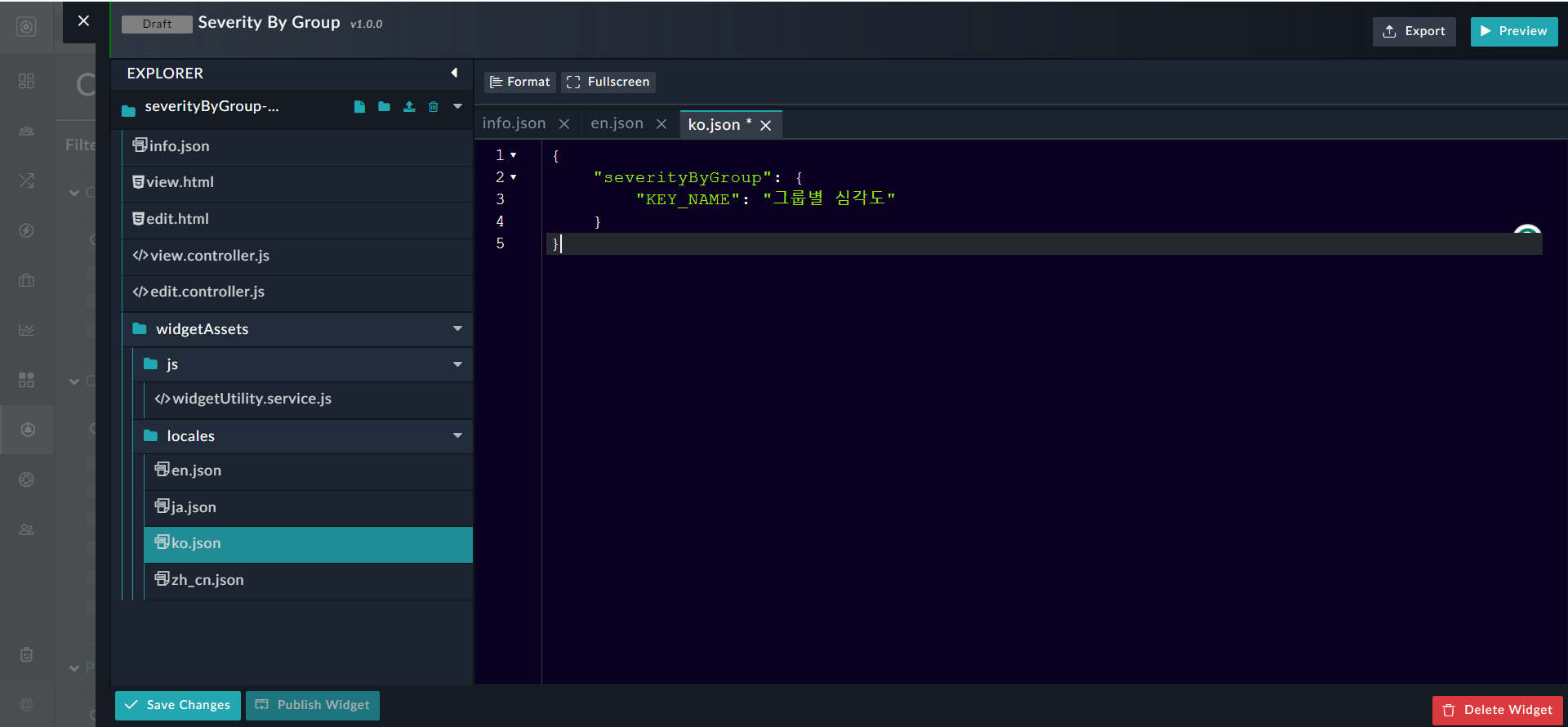 Korean JSON file containing key-value pairs