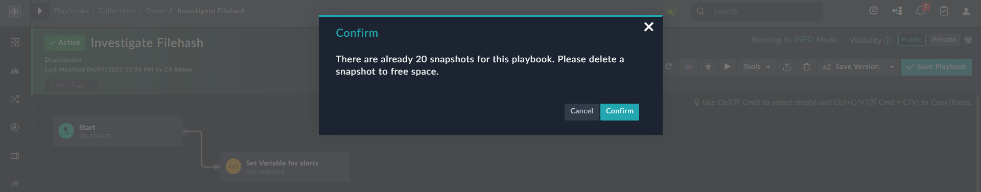 Confirm dialog for deleting a snapshot