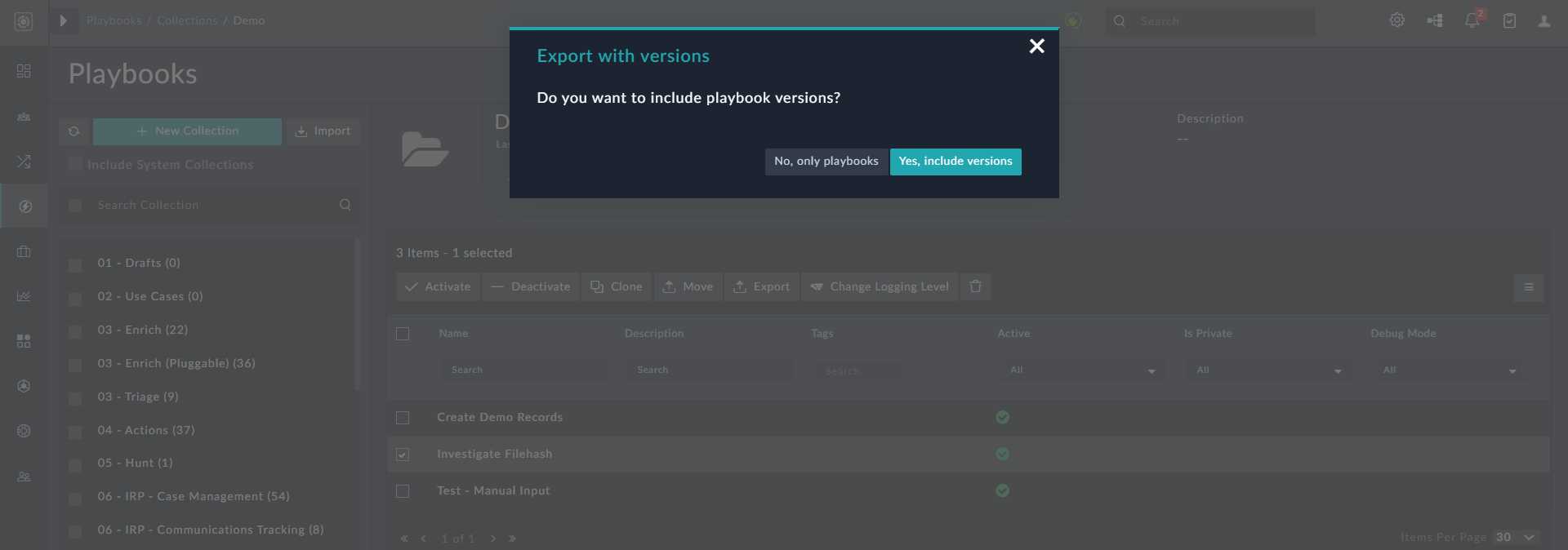 Exporting a playbook with versions