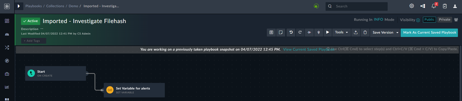 Viewing a previous snapshot of a playbook