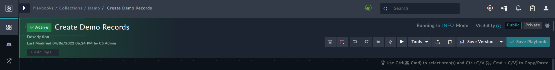 Playbook Designer: Top bar - Public Switch