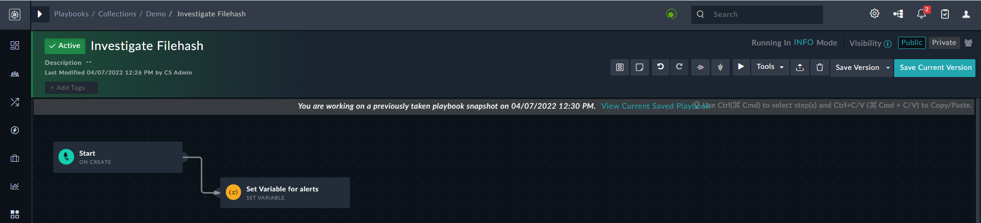 Loading of a version in the playbook designer