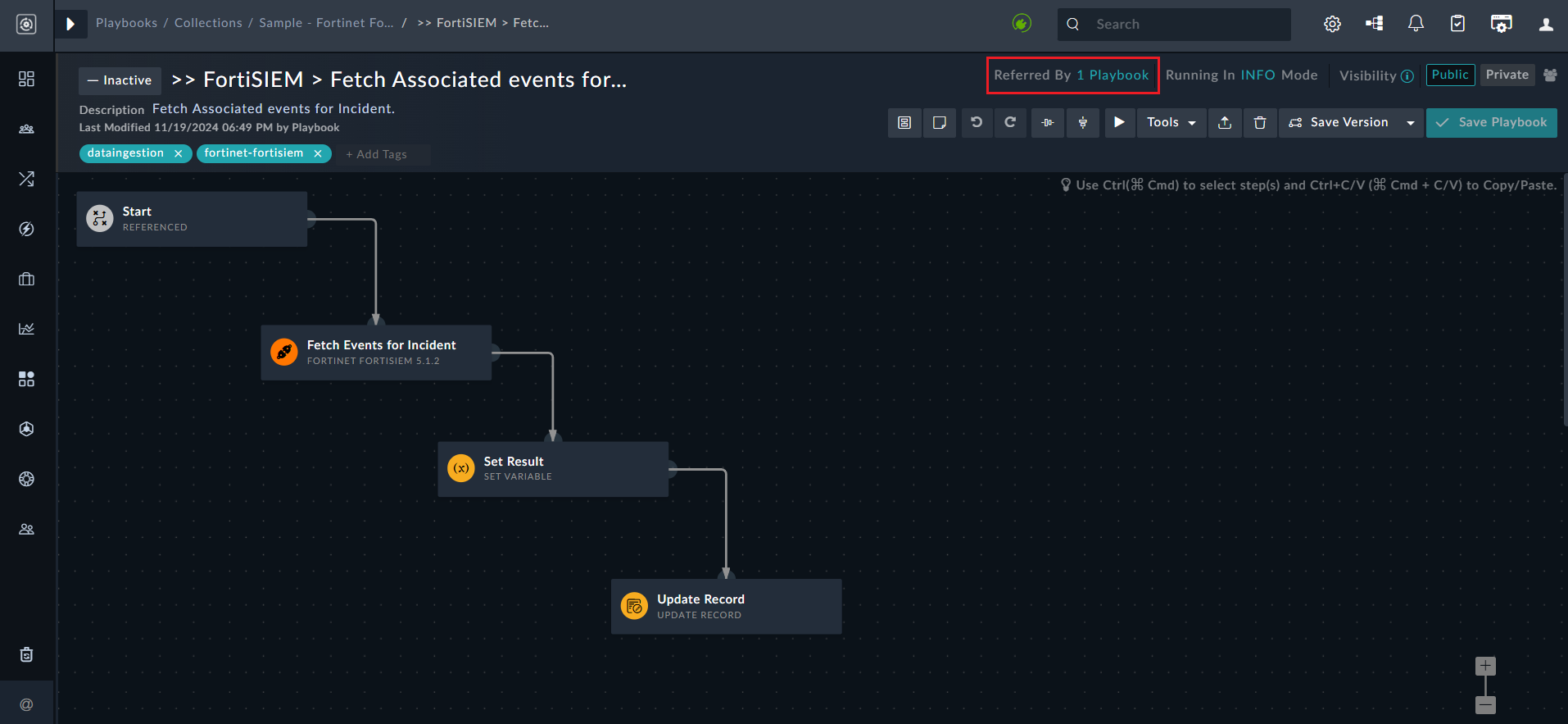 Field depicting playbooks referencing the current playbook