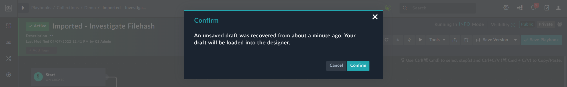 Confirm recovery of autosaved version of Playbook