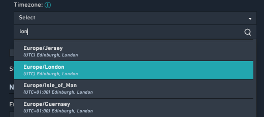 Schedule Details dialog - Search Timezone