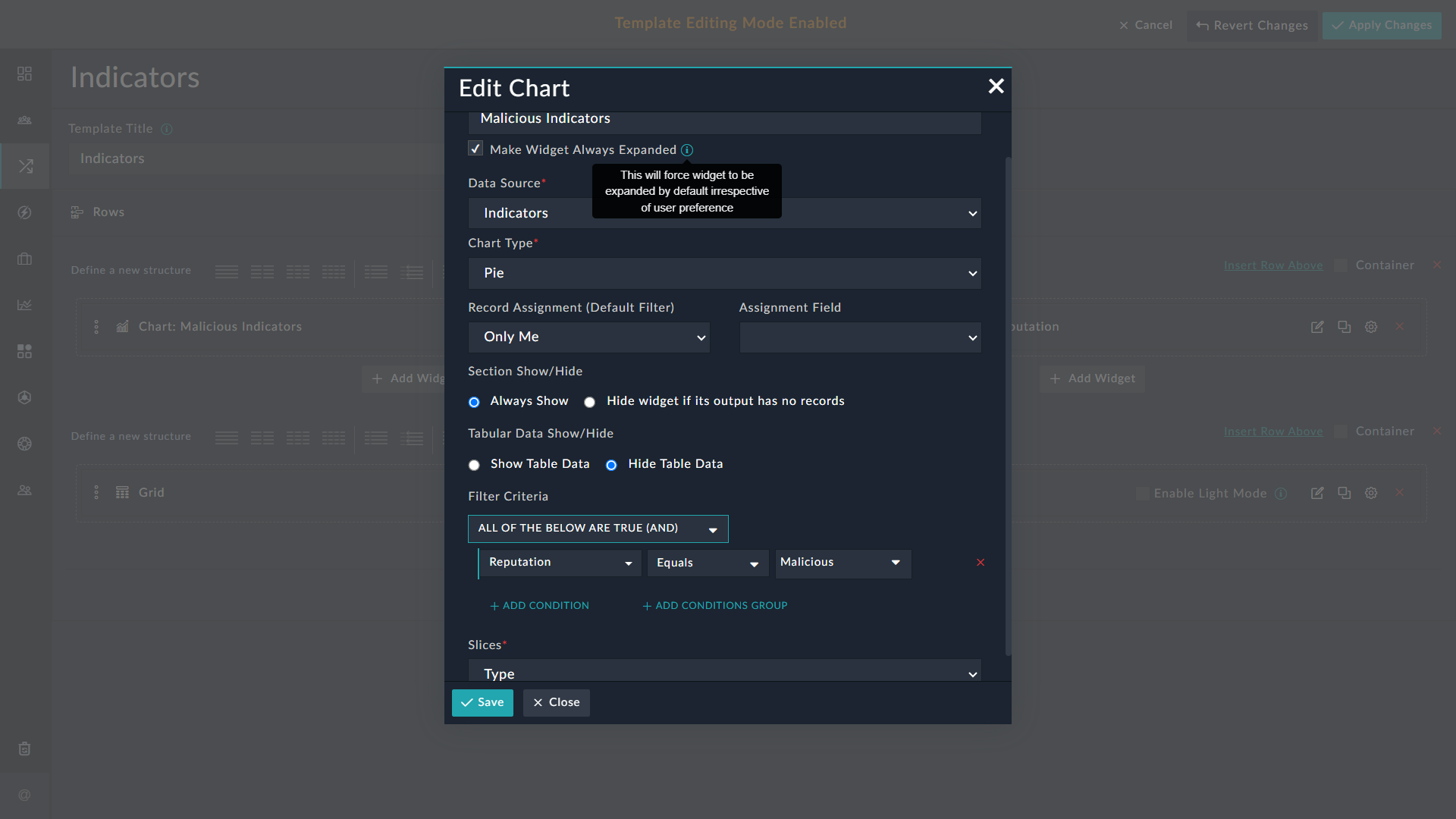 Chart with the Make Widget Always Expanded option selected