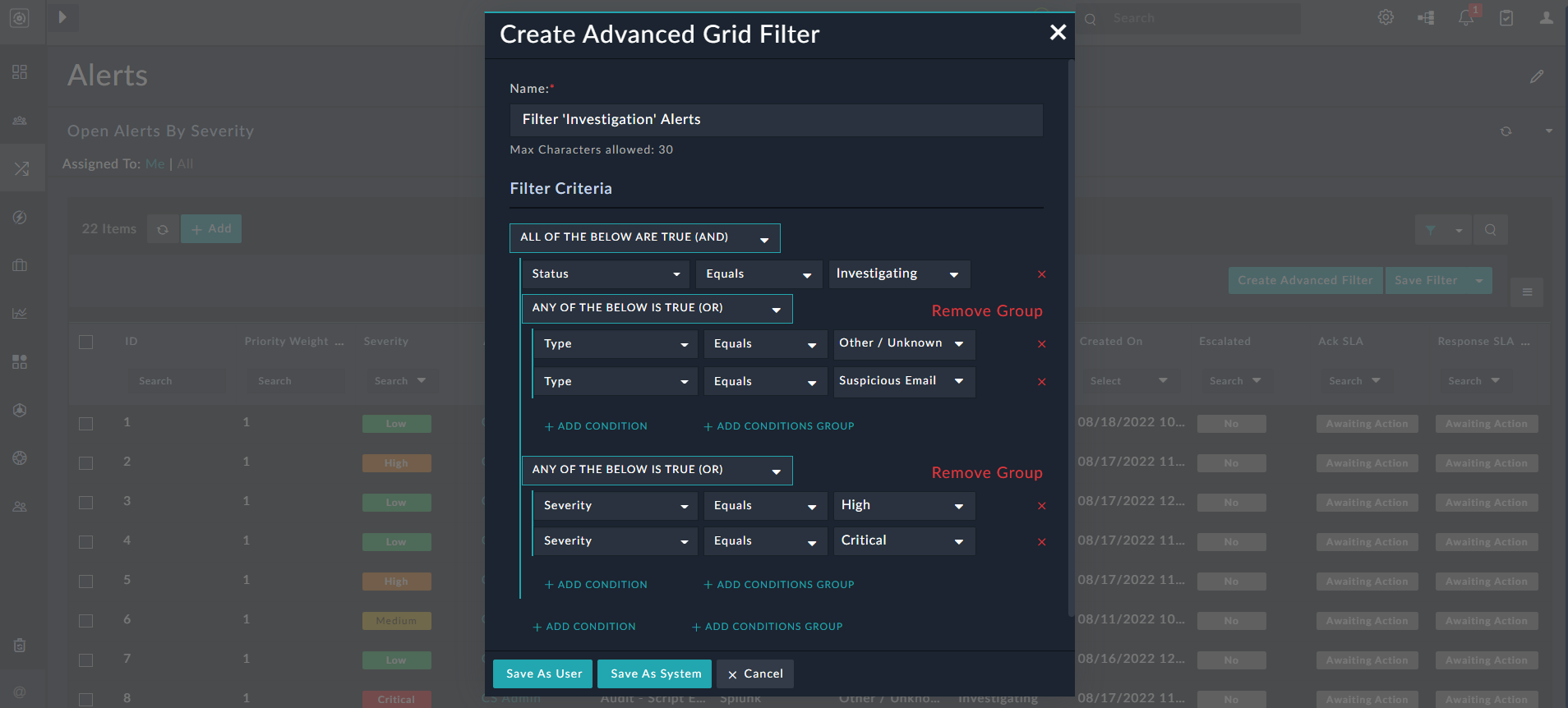 Advanced Grid Filter dialog with complex conditions defined
