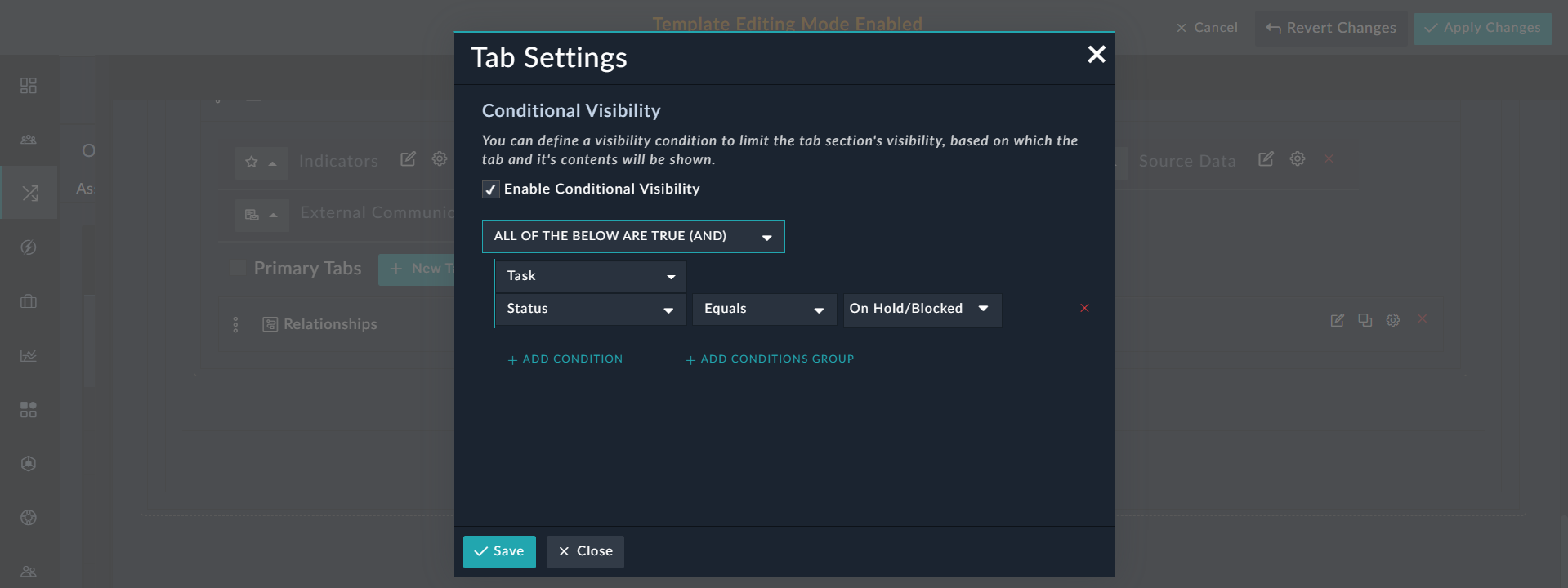 Defining visibility settings based on relationship fields