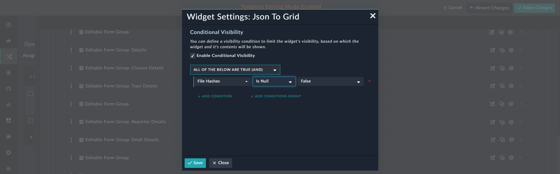Defining Visibility Conditions for widgets