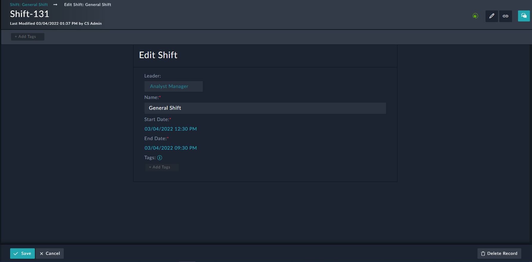 Editing details of a shift