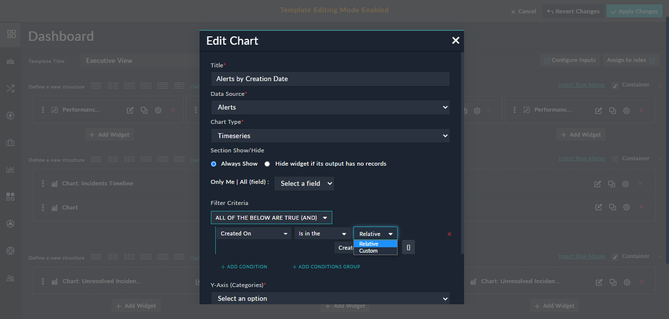 Filters Criteria section with the Relative and Custom Options