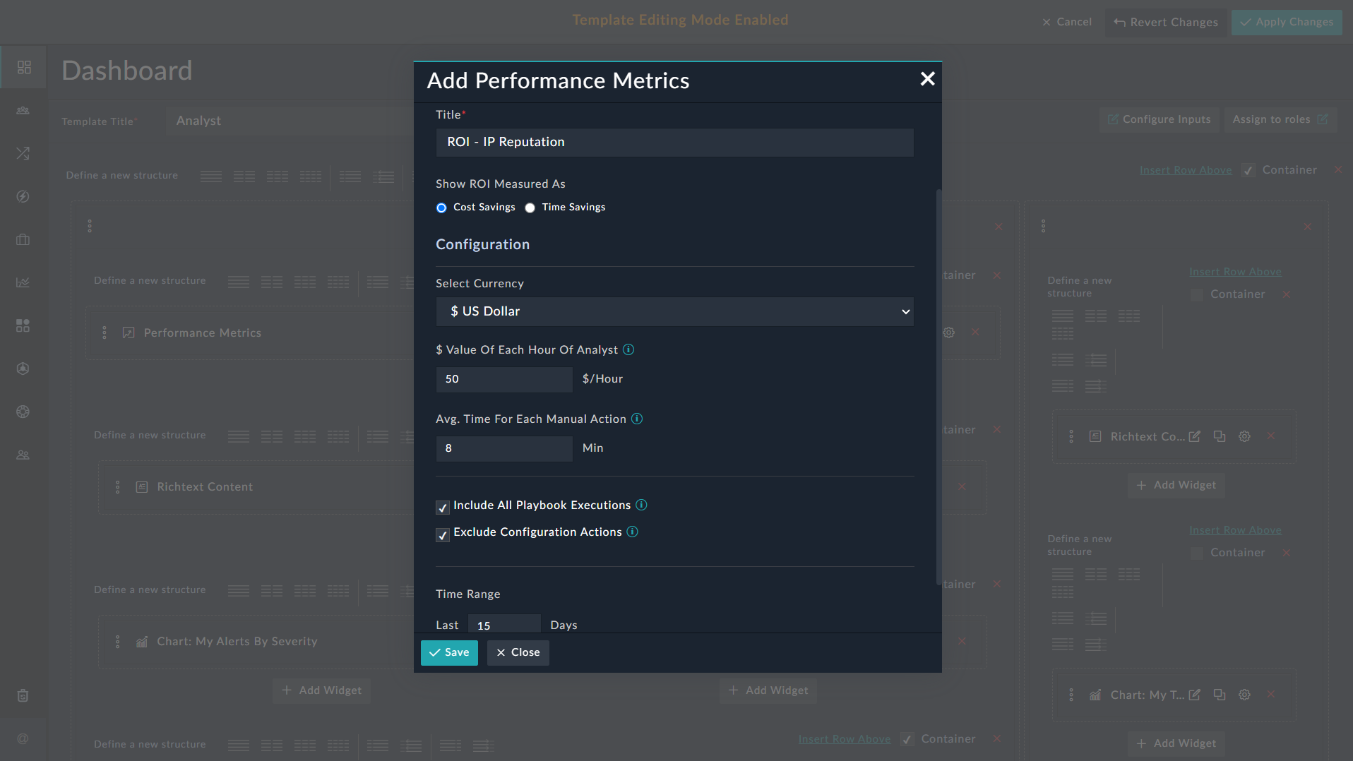 Example of ROI Widget with Dollar Savings method of ROI measurement selected