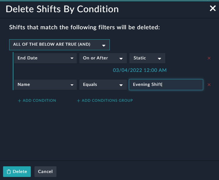 Delete shift by condition dialog