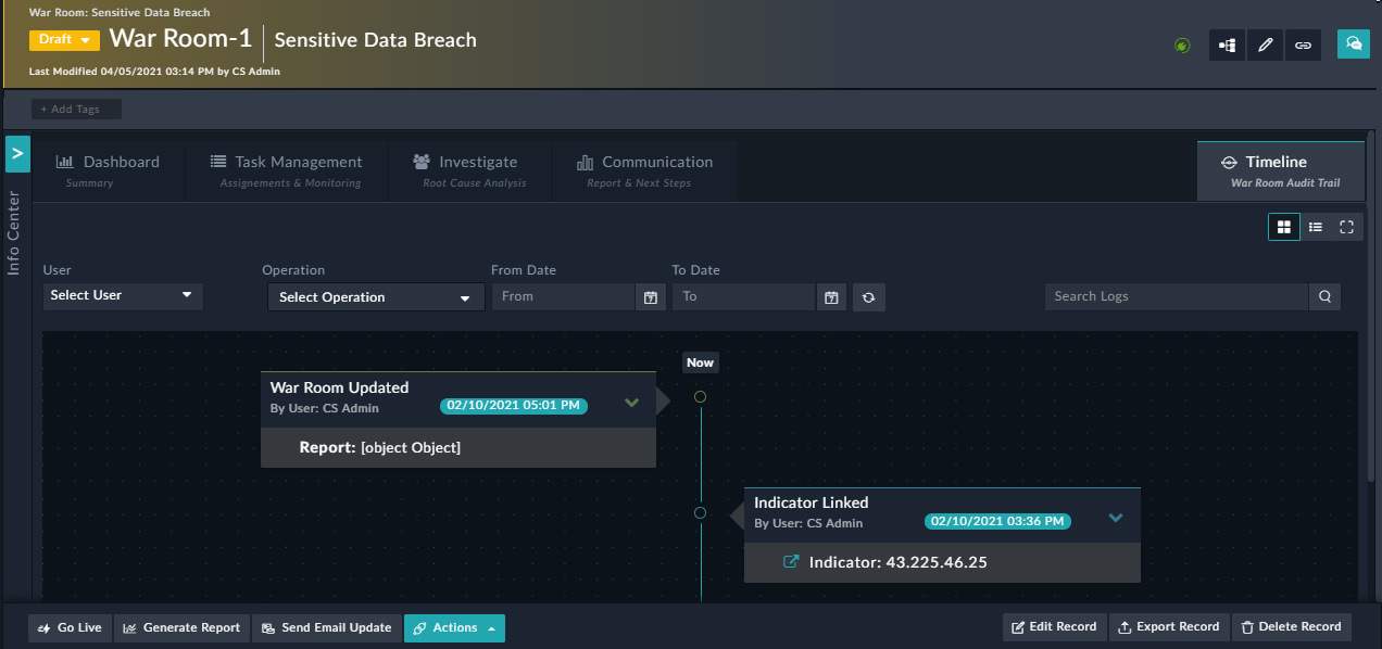 War Room - Timeline tab