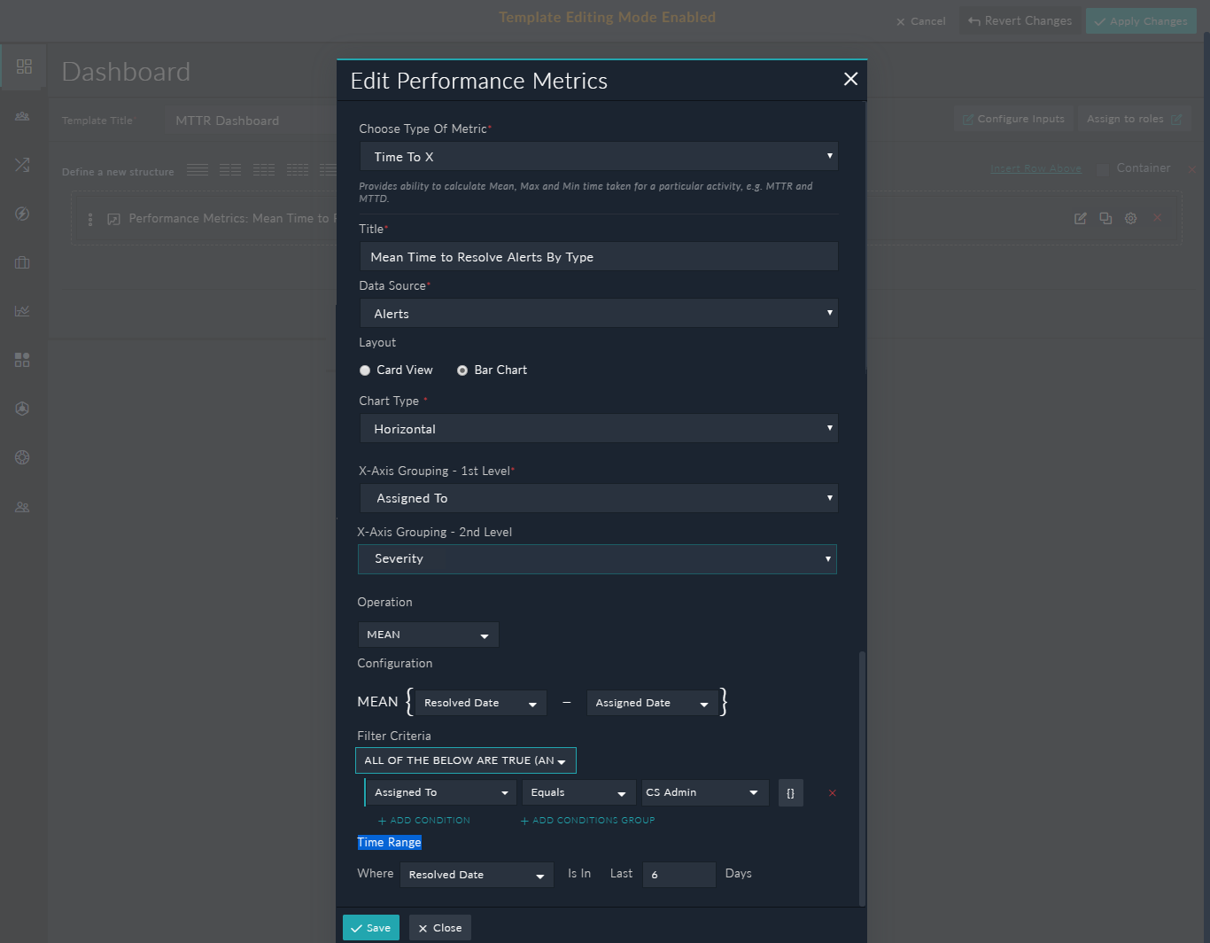 Example of configuration of the Time To X widget grouped by resolved date and type