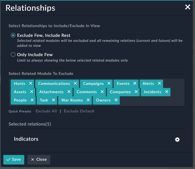 Relationship Widget - Default view with Exclude option selected