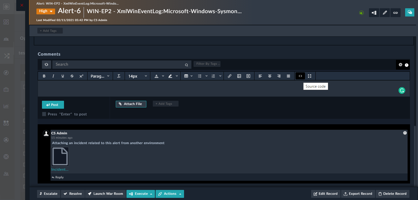 Comments Widget with the "HTML" editor in the detail view page
