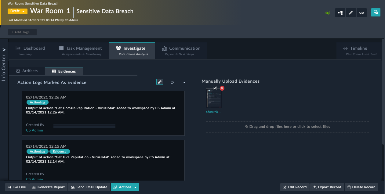 War Room - Evidence tab