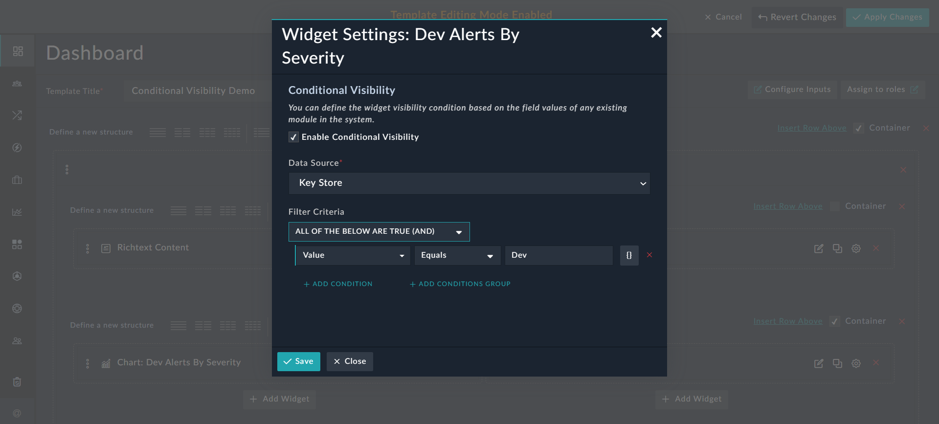 Setting the visibilty condition for a chart on a dashboard