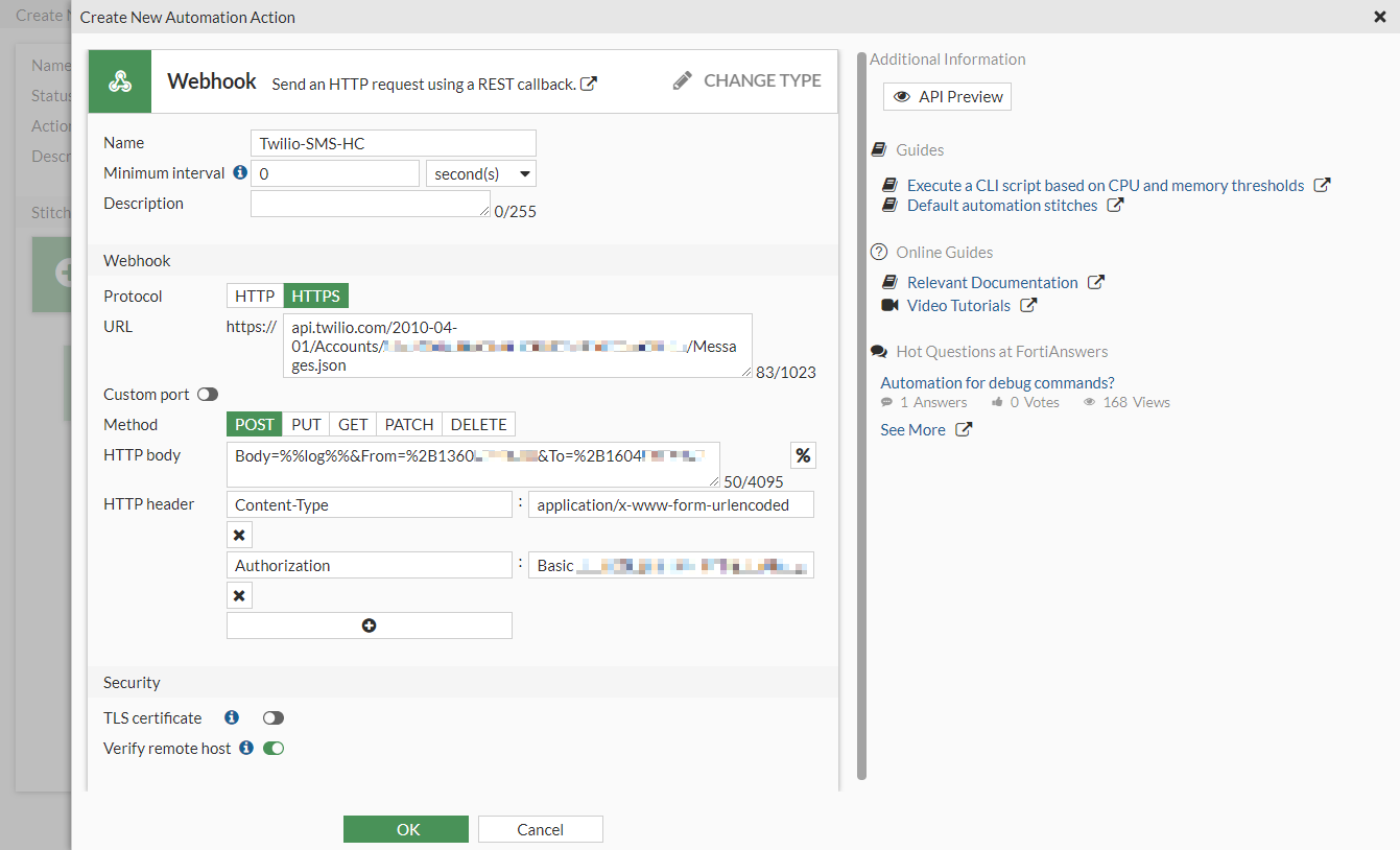 Webhook action with twilio for sms text messages fortigate fortios