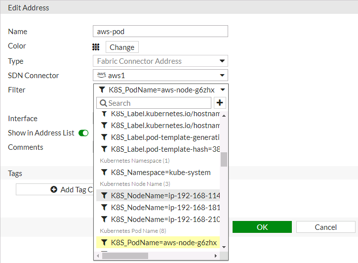 Create dynamic firewall address Screenshot of AWS Kubernetes setup displaying the creation of dynamic firewall address