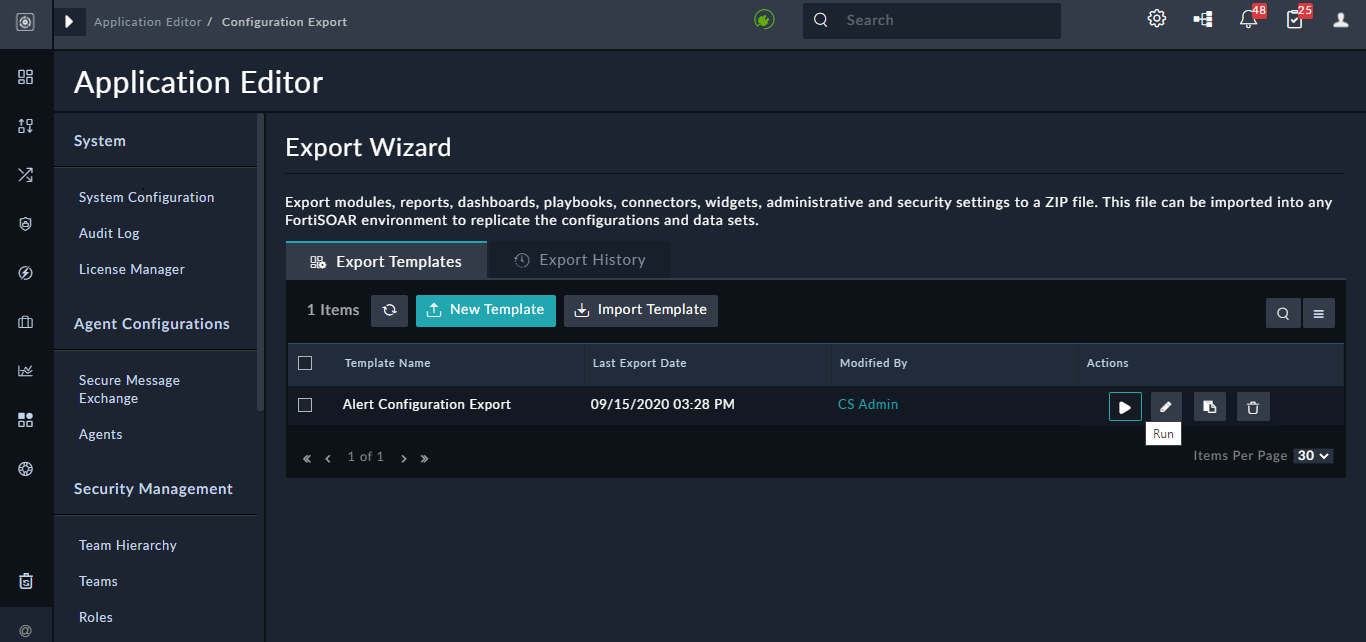 Configuration Export page - Export Templates page