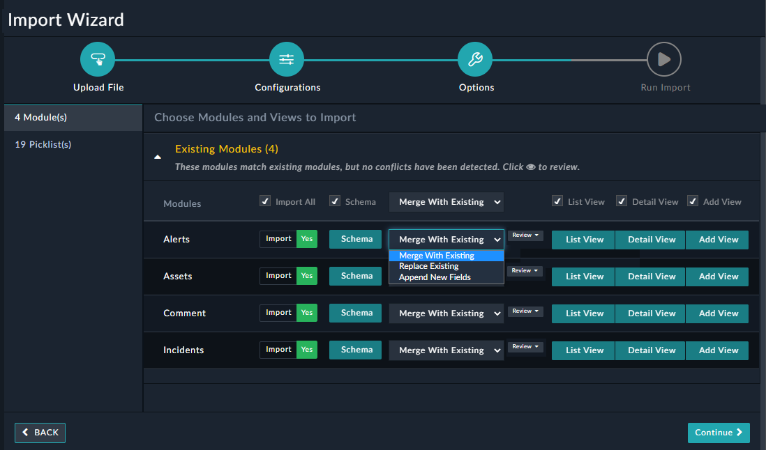 Import Configurations - Modules Page