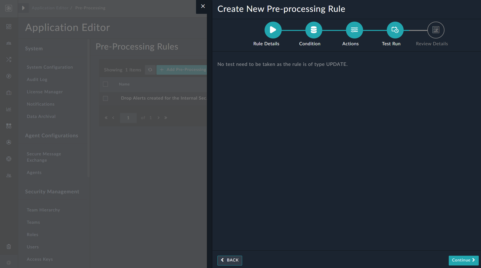 Pre-processing wizard - Test rule dialog for Update type rule