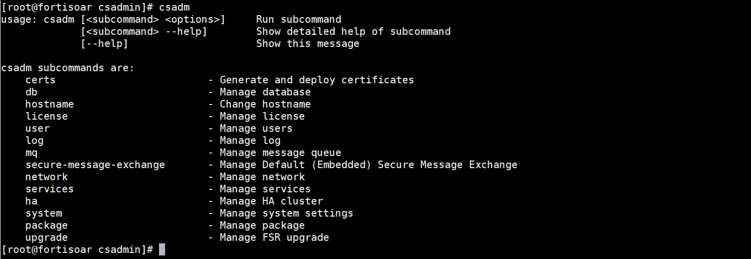 FortiSOAR&trade; Admin CLI command prompt