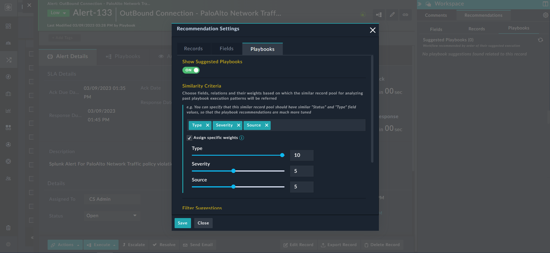 Defining the Similarity Criteria for displaying playbook suggestions