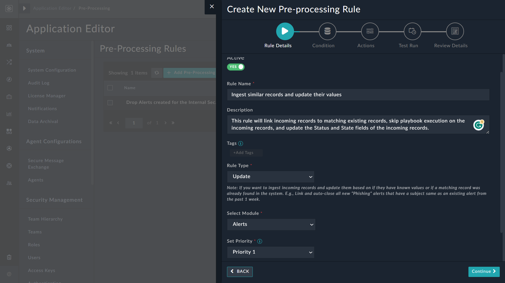 Pre-processing Rule Wizard - Rule Details for rule type update
