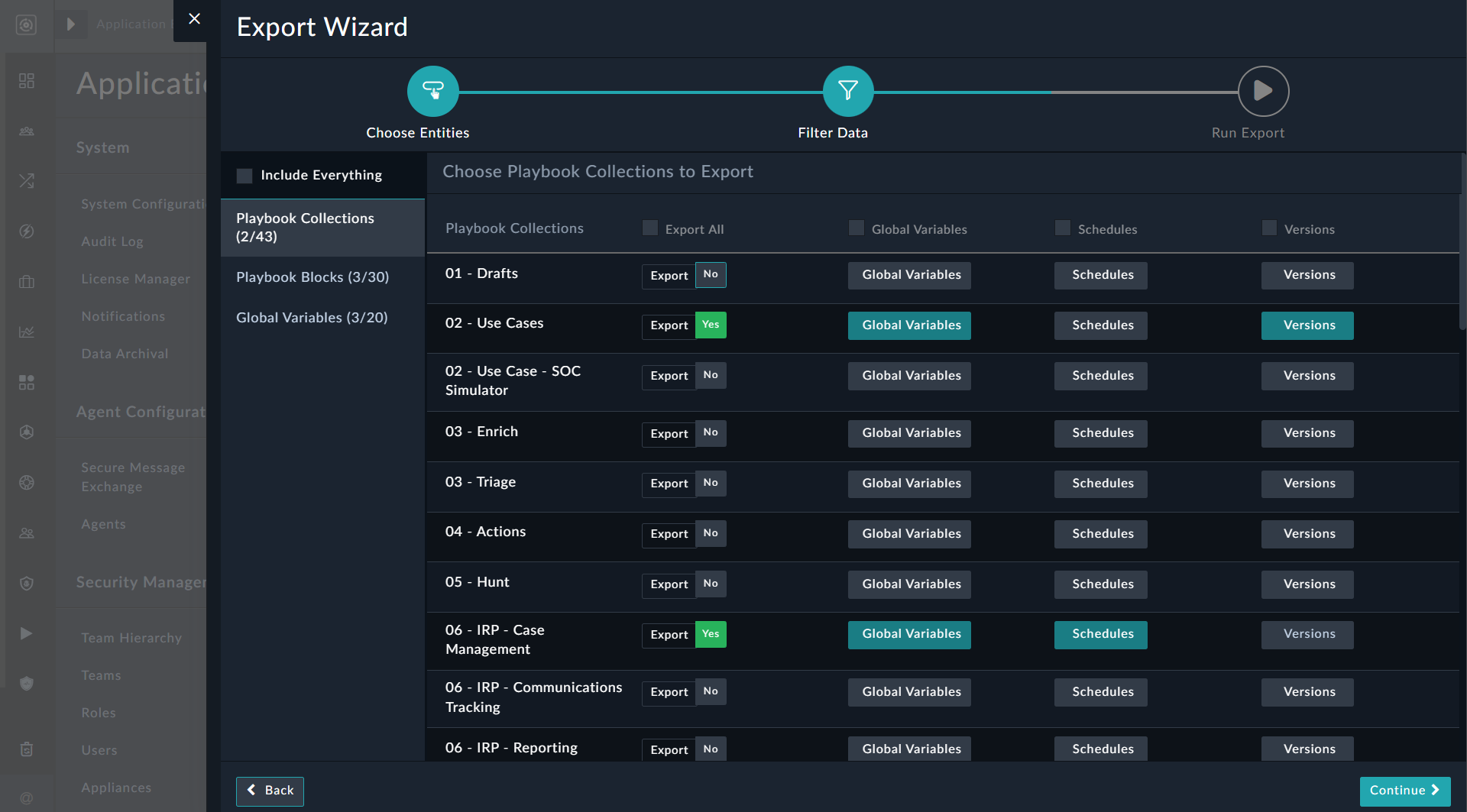 Export Playbook Collections page