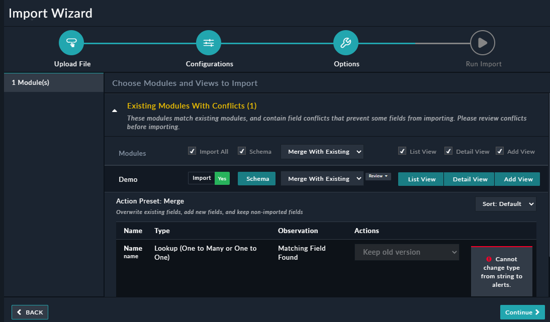 Import Configurations - Modules Page - Existing Modules With Conflicts