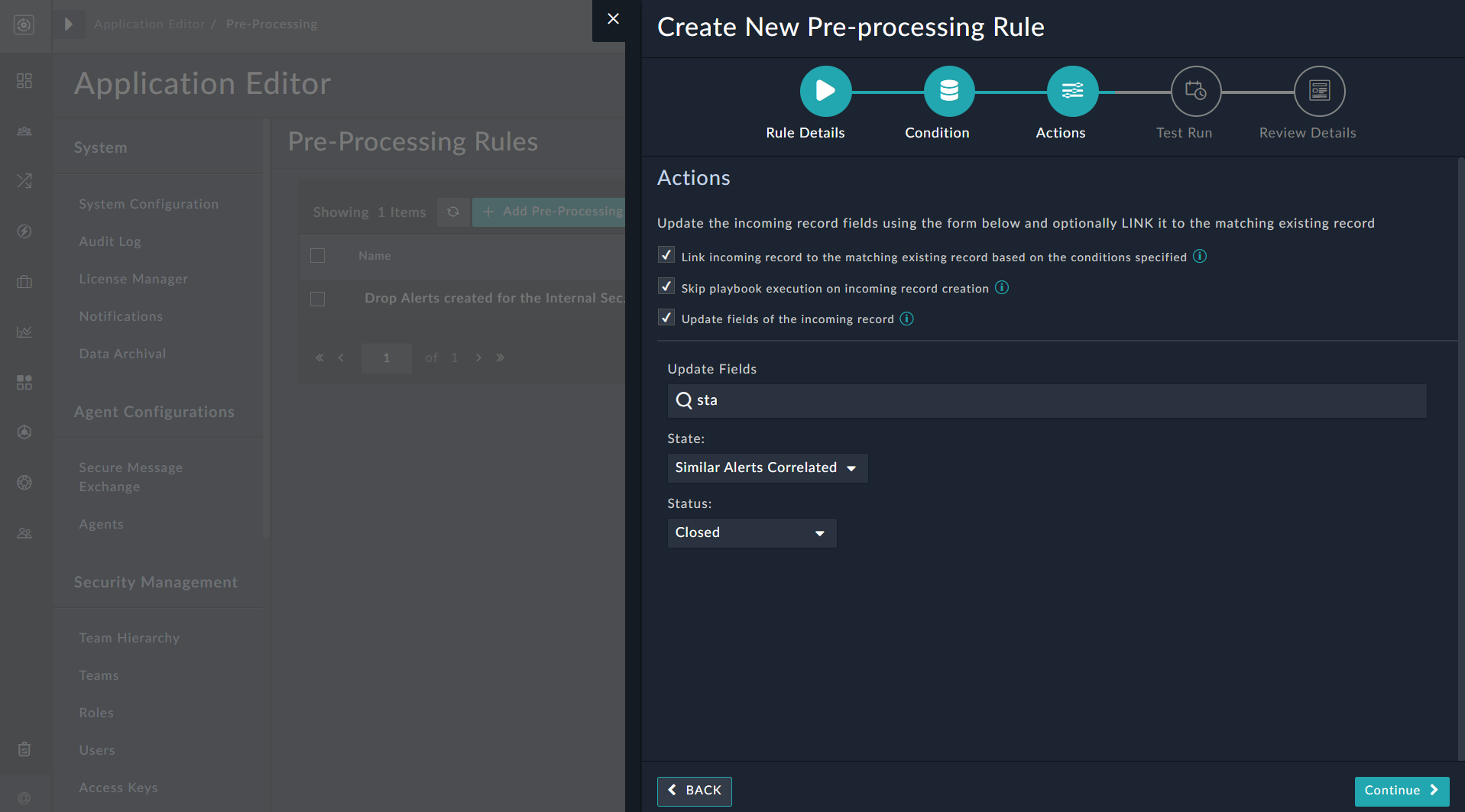 Pre-processing wizard - Actions dialog for Update type rule
