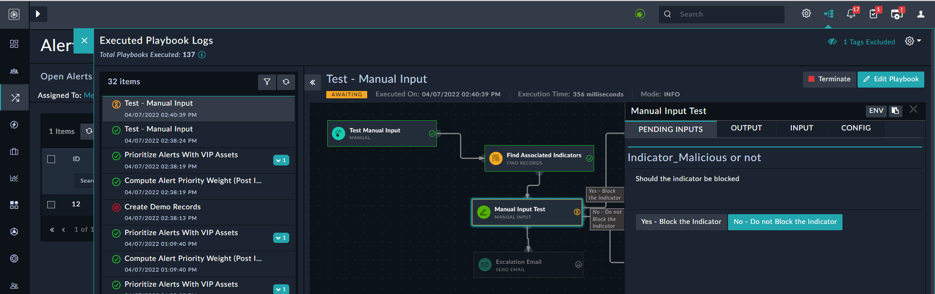 Executed Playbook Logs - Manual Inputs Playbook > Pending Inputs tab