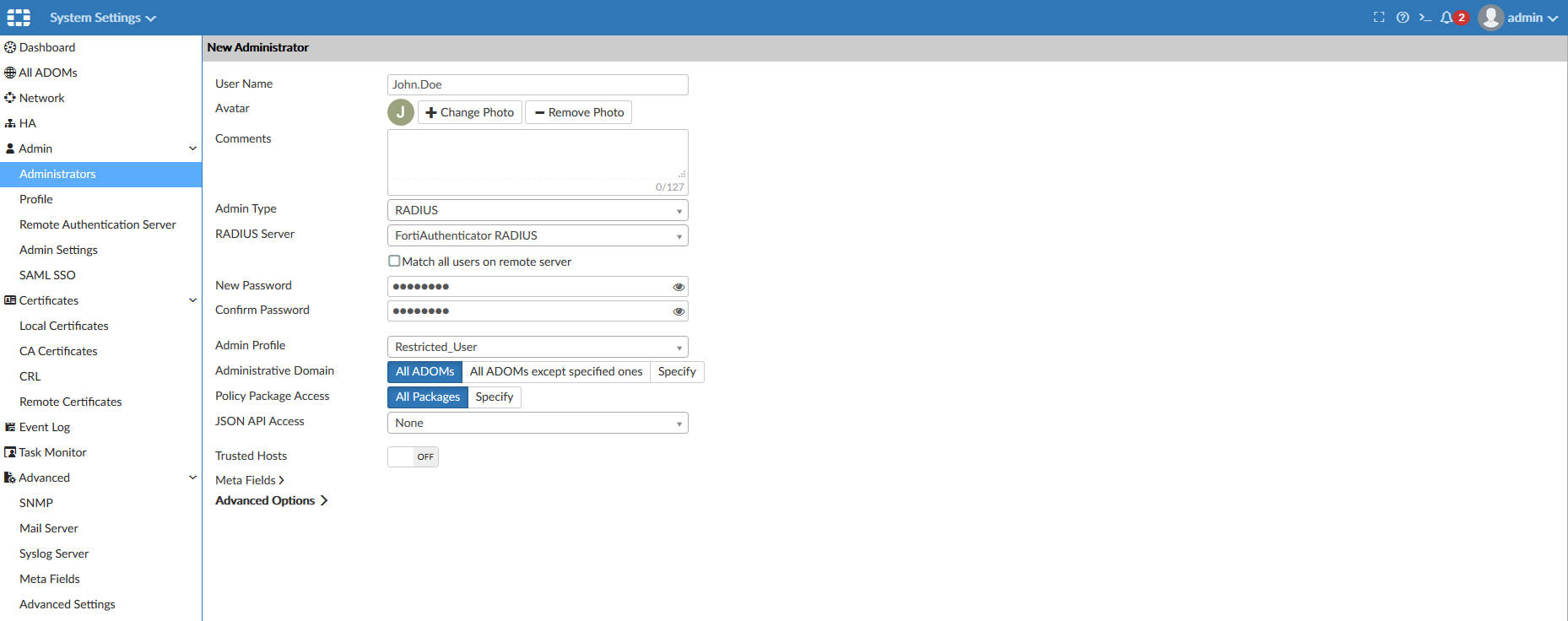 Creating an admin user | FortiAuthenticator 6.6.0 | Fortinet Document ...