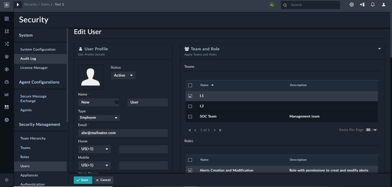 User Profile page with User A assigned the Alerts and Incidents role
