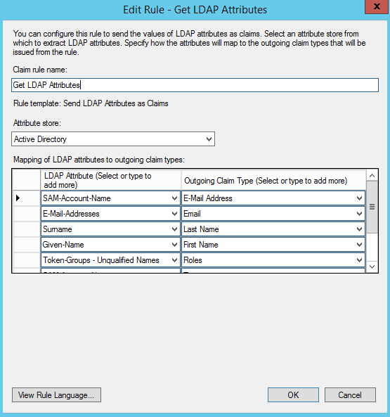 ADFS configuration: Edit Rule - Get LDAP Values