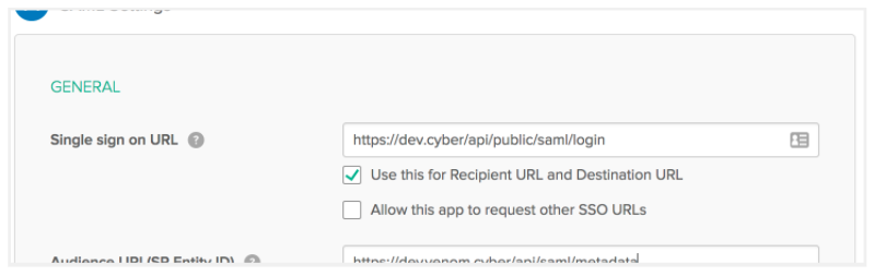 SAML Settings dialog