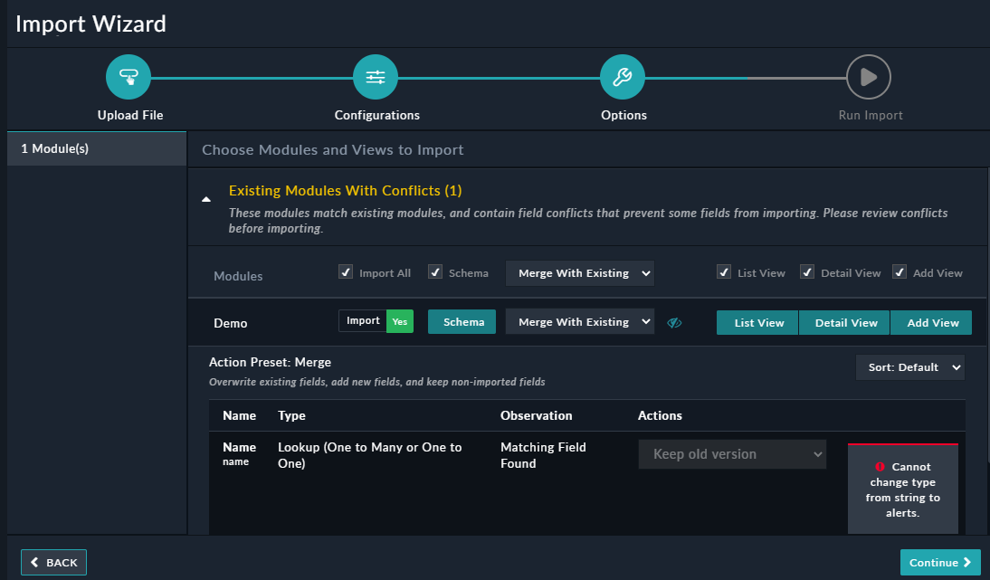 Import Configurations - Modules Page - Existing Modules With Conflicts
